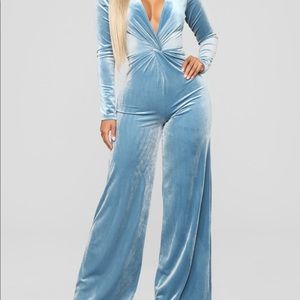 Fashion Nova Light Blue Velvet Jumpsuit  Sz Large